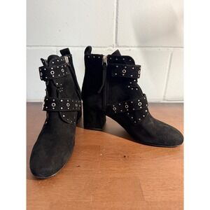 Rebecca Minkoff Black Suede Studded Buckle Ankle Boots Block Heel Women Size 7.5